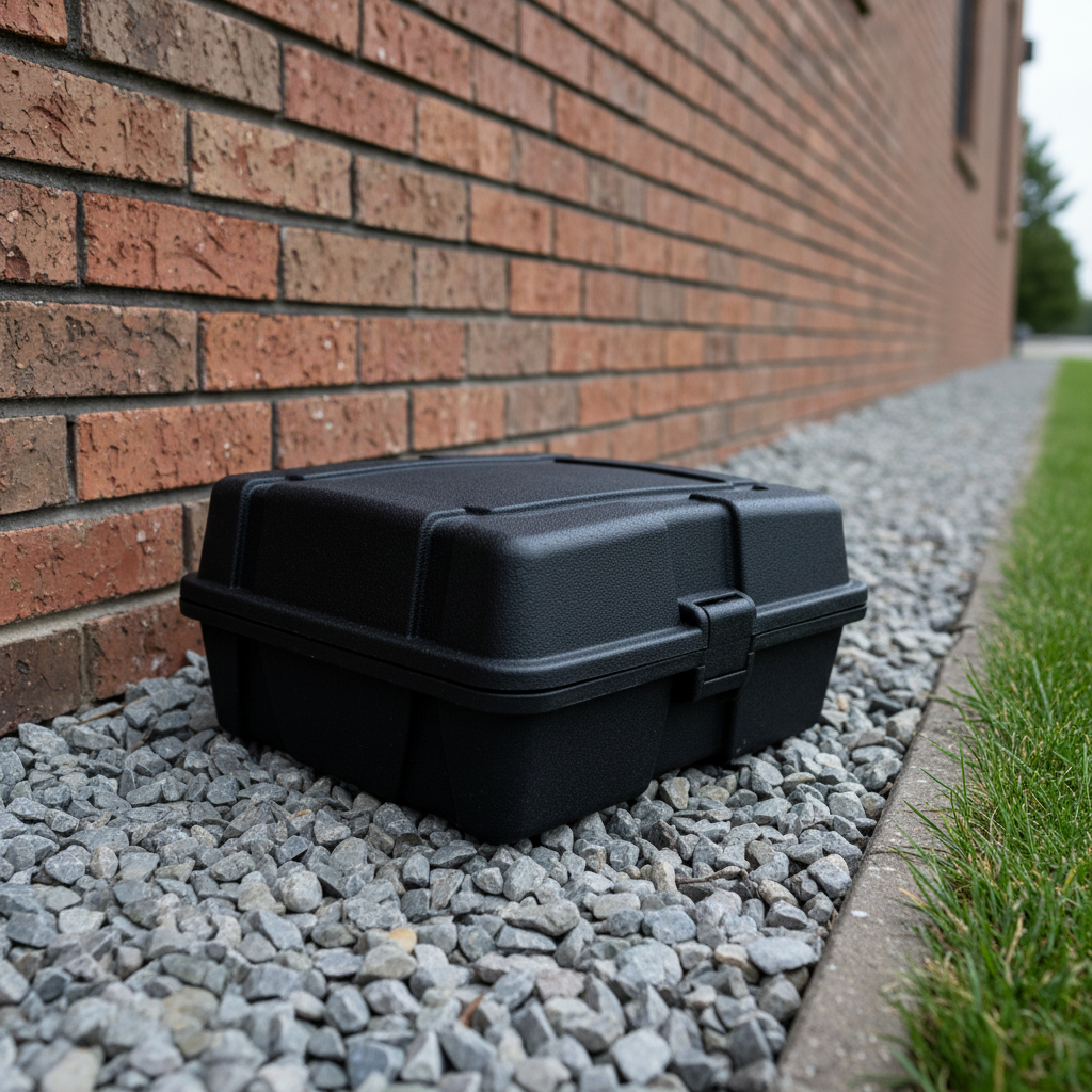 A close-up, photographic image of a sturdy, weather-resistant rodent bait station positioned along the exterior foundation of a brick commercial building. The black, low-profile plastic station sits on clean gravel edging between the wall and a neatly trimmed lawn, with the station lid clearly latched for safety. Overcast daylight provides soft, diffused lighting, eliminating harsh shadows while giving clear detail to the station’s textured surface and the rough red brick behind it. Captured from a low, three-quarter angle with sharp focus, the composition emphasizes professionalism, safety, and humane pest management in a realistic, business-friendly setting.