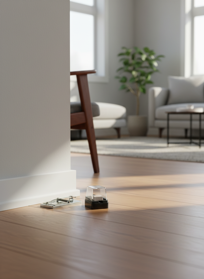 A clean, modern residential living room corner where signs of pests are being professionally managed. A neatly arranged baseboard shows a small, discreet metal snap trap safely placed behind a piece of furniture, with a clearly visible pest monitoring station nearby. The hardwood floor is spotless, and the light gray walls are unmarked, suggesting effective control. Soft afternoon natural light filters through a nearby unseen window, casting gentle, realistic shadows. Photographic realism at eye-level, with a shallow depth of field that keeps the trap and monitoring station in crisp focus while the rest of the room softly blurs, creating a calm, reassuring, professional atmosphere.